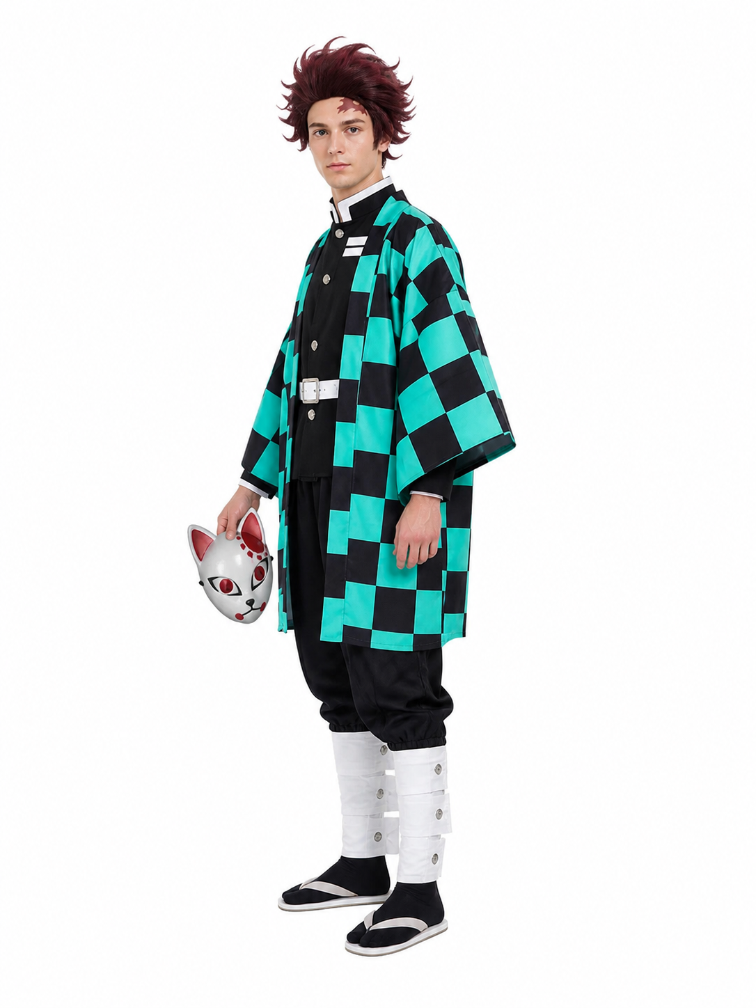 Tanjiro Diamond-Pattern Cosplay Costume with Fox Mask side view