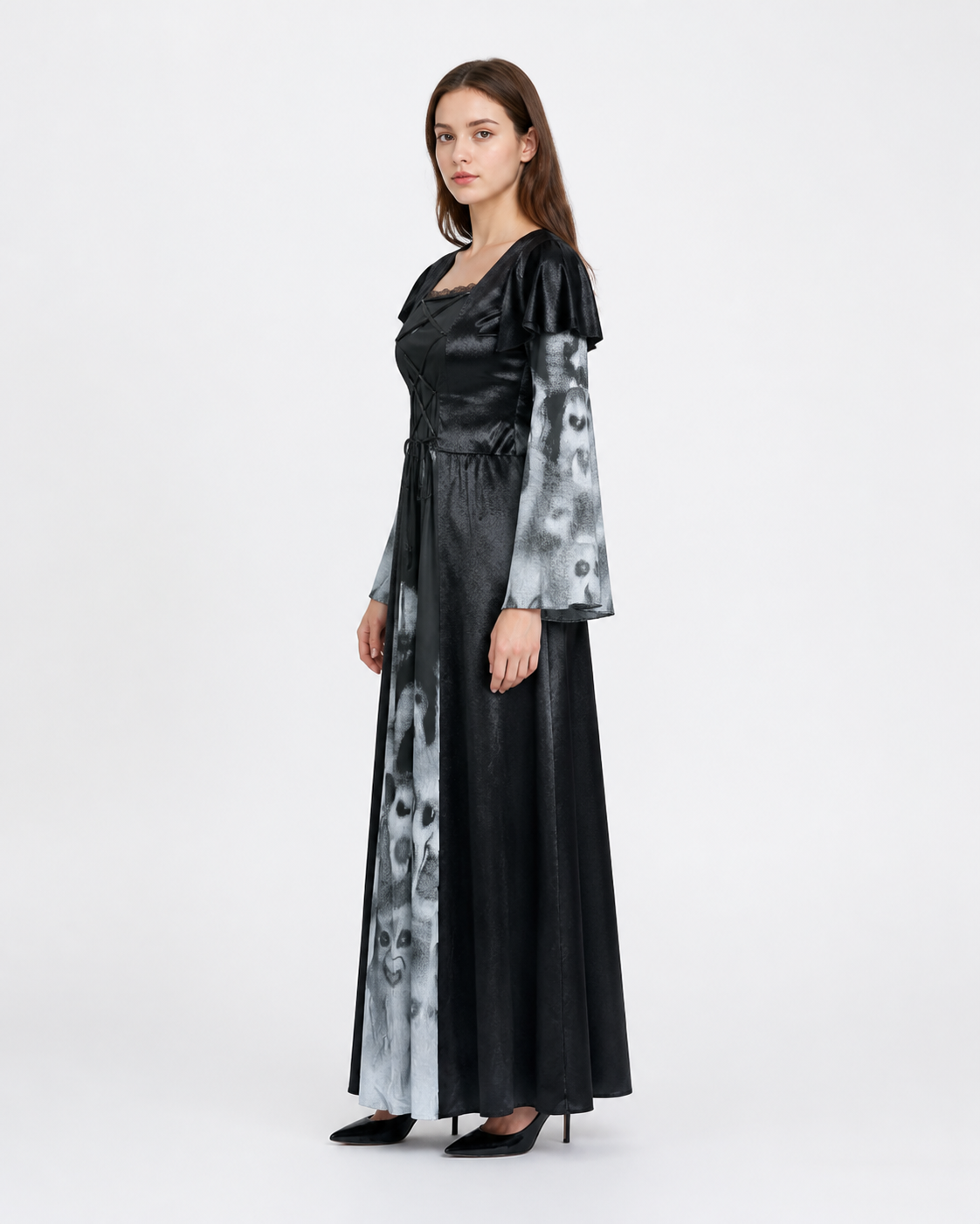 Long Dress with Flared Sleeves and Ghost Print