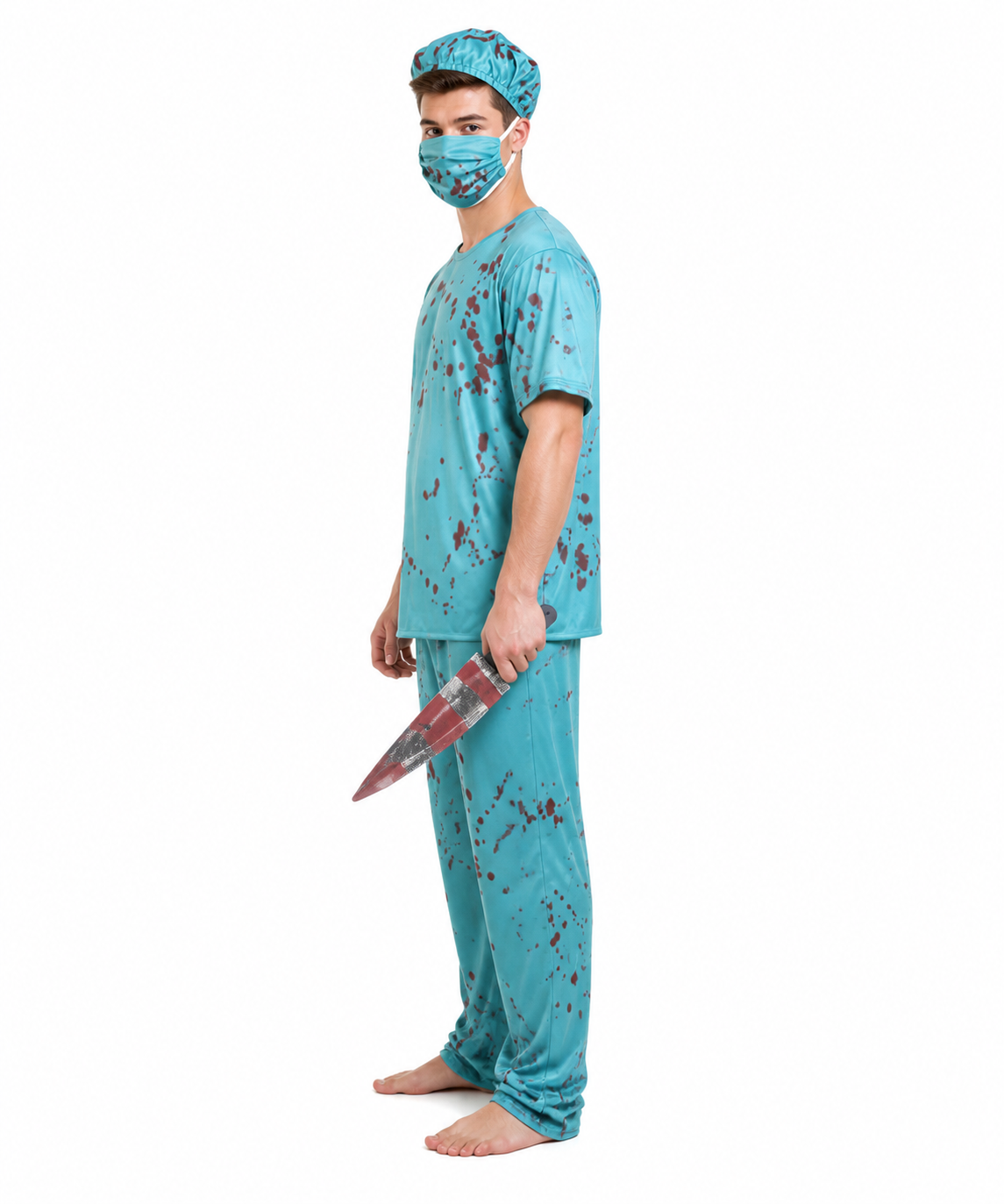 Surgeon Costume with Bloodstains and Knife for Halloween side view