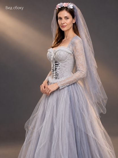 Gray carnival dress with a voluminous skirt and lacing