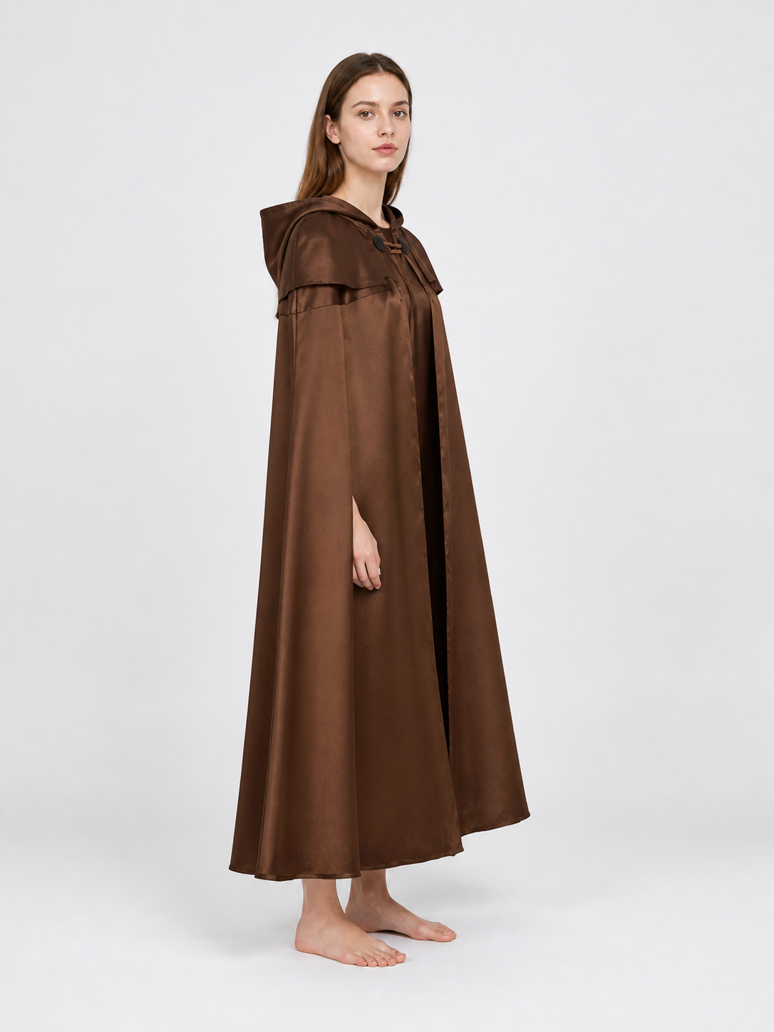 Long Brown Hooded Cloak-Cape side view