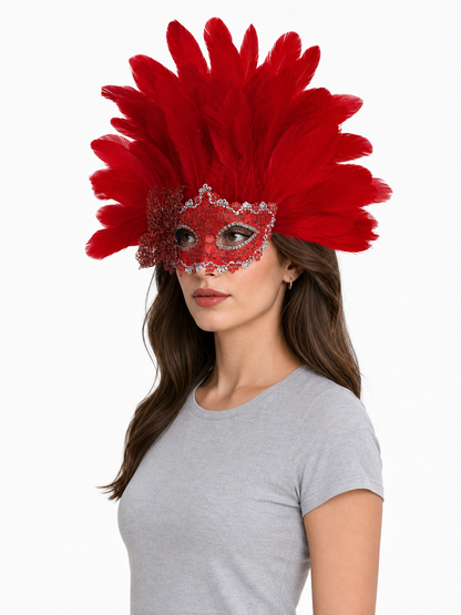 Red feather masquerade half mask product view 31