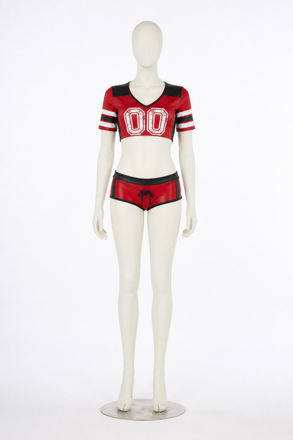 Two-Piece Shorts Set, Red-and-Black Print 00 side view
