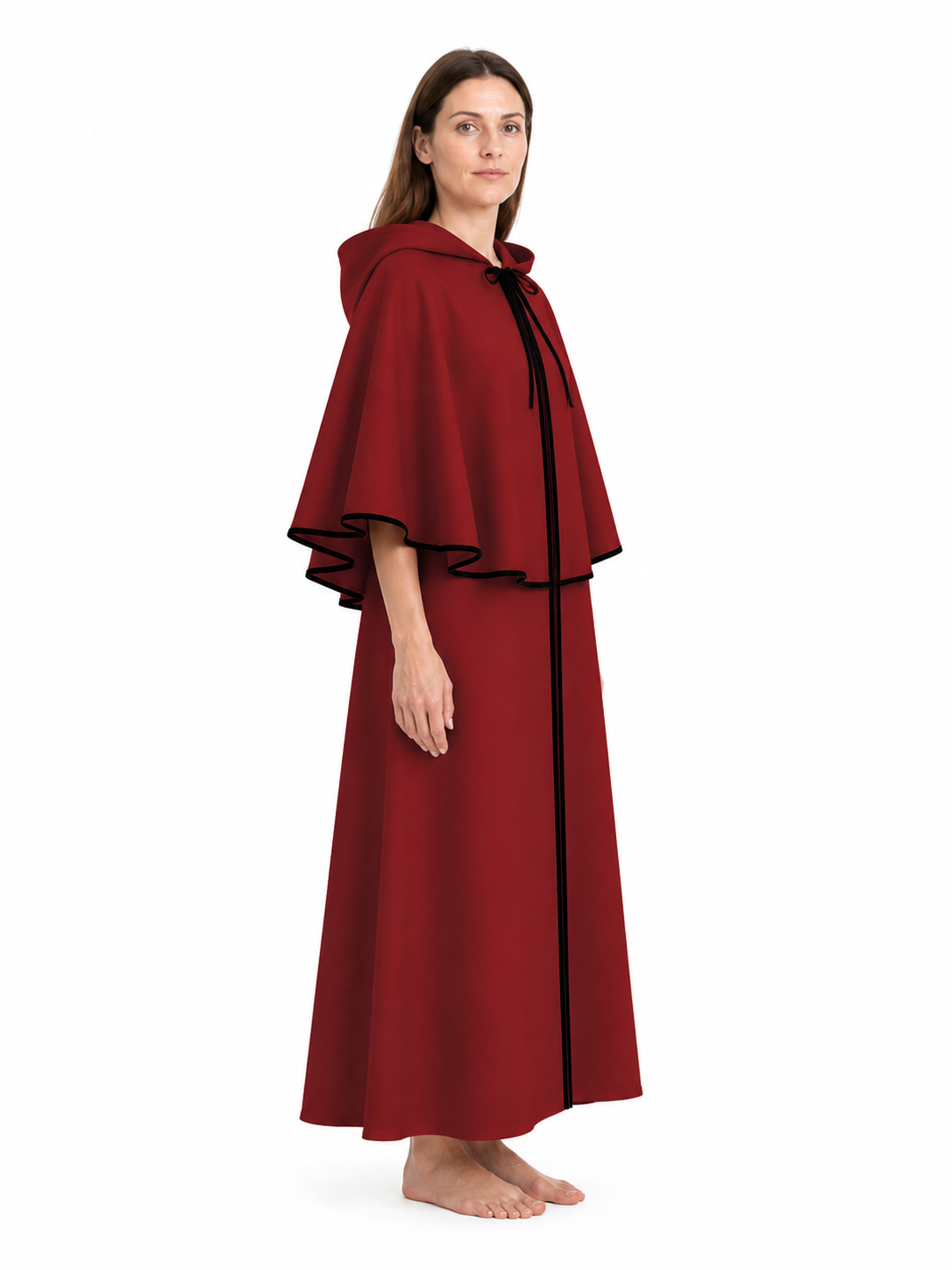 Burgundy Medieval Cloak with Hood for Halloween side view