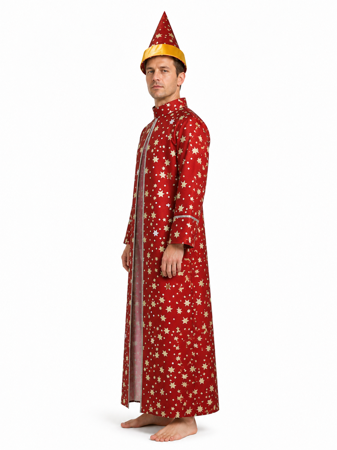 Wizard Costume with Robe and Star-Patterned Hat side view