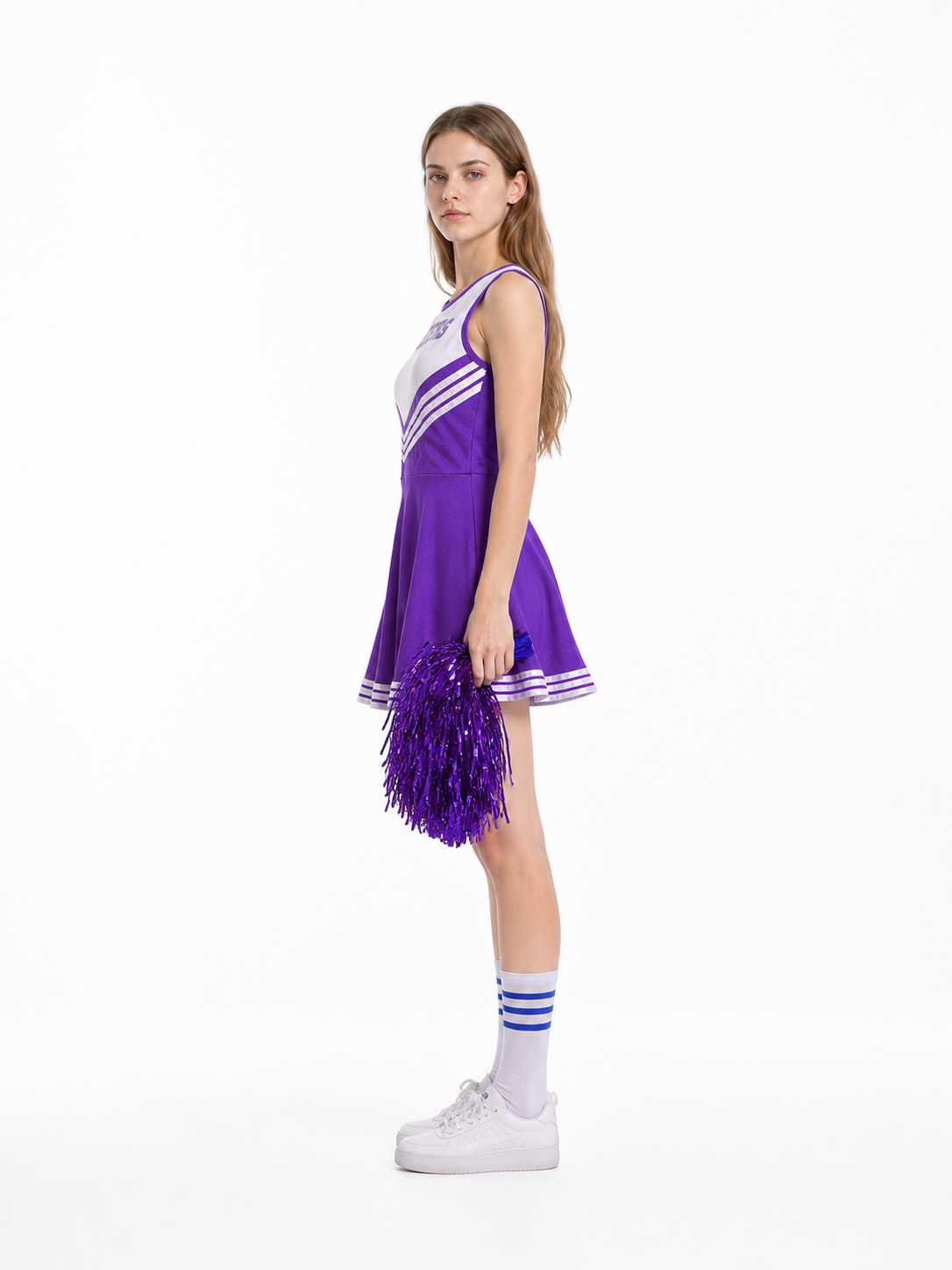 Cheerleader Costume with Pom-Poms and Striped Knee-High Socks side view