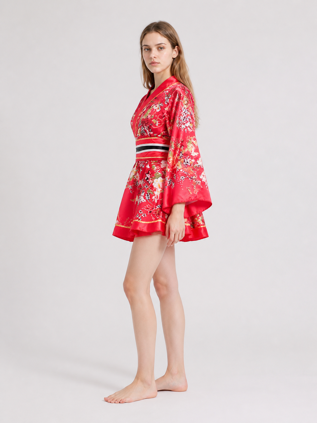 Short Kimono with Floral Print and Sash side view