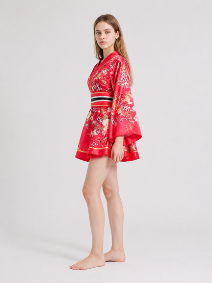 Short Kimono with Floral Print and Sash side view