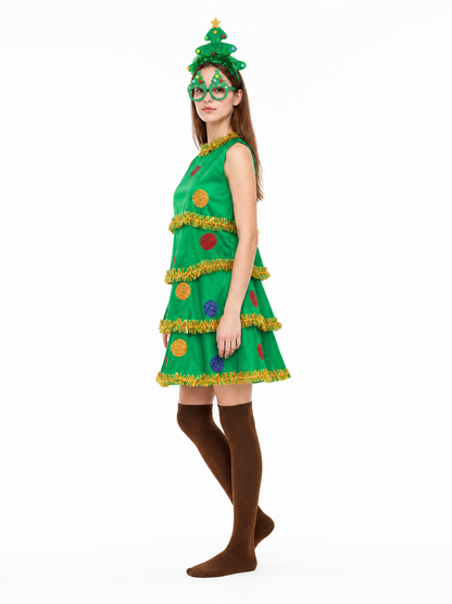 Christmas Tree Costume with Glasses and Stockings side view