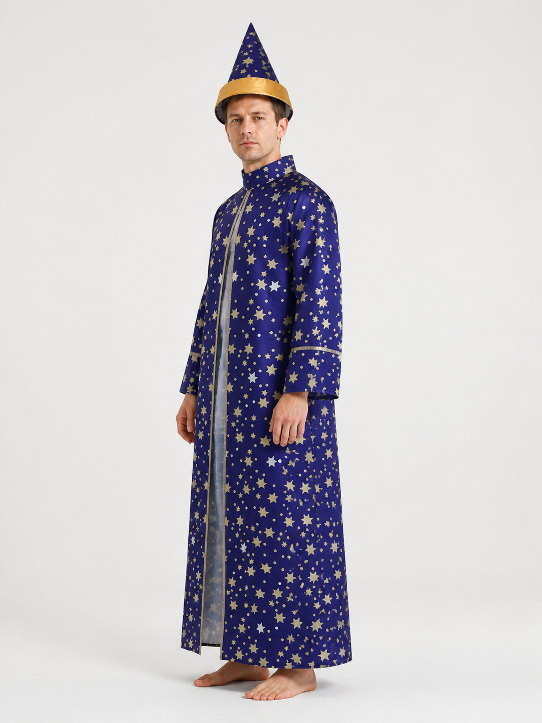 Blue Wizard Costume with Stars and a Pointed Hat side view