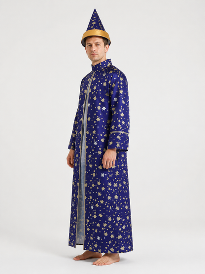 Blue Wizard Costume with Stars and a Pointed Hat side view