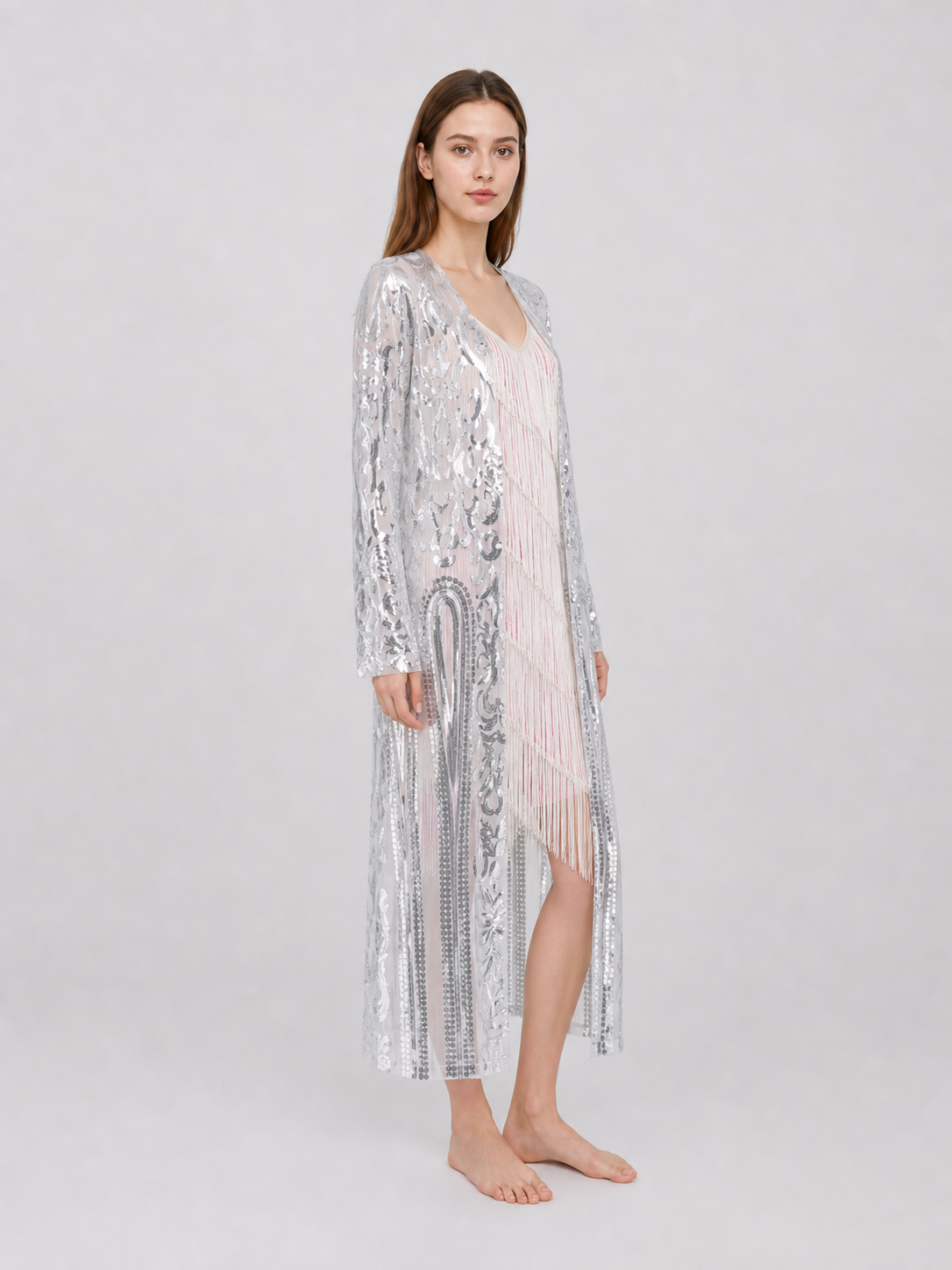 Sequin and Fringe Cardigan with Stand Collar