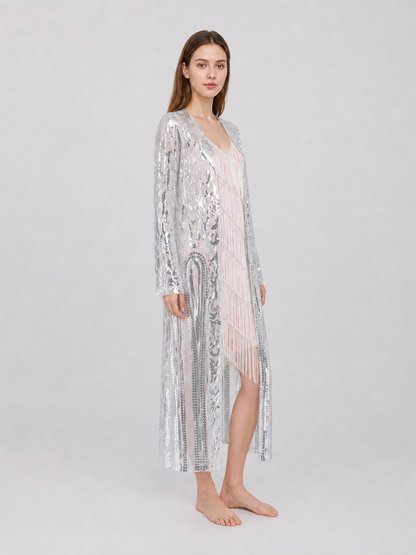 Sequin and Fringe Cardigan with Stand Collar