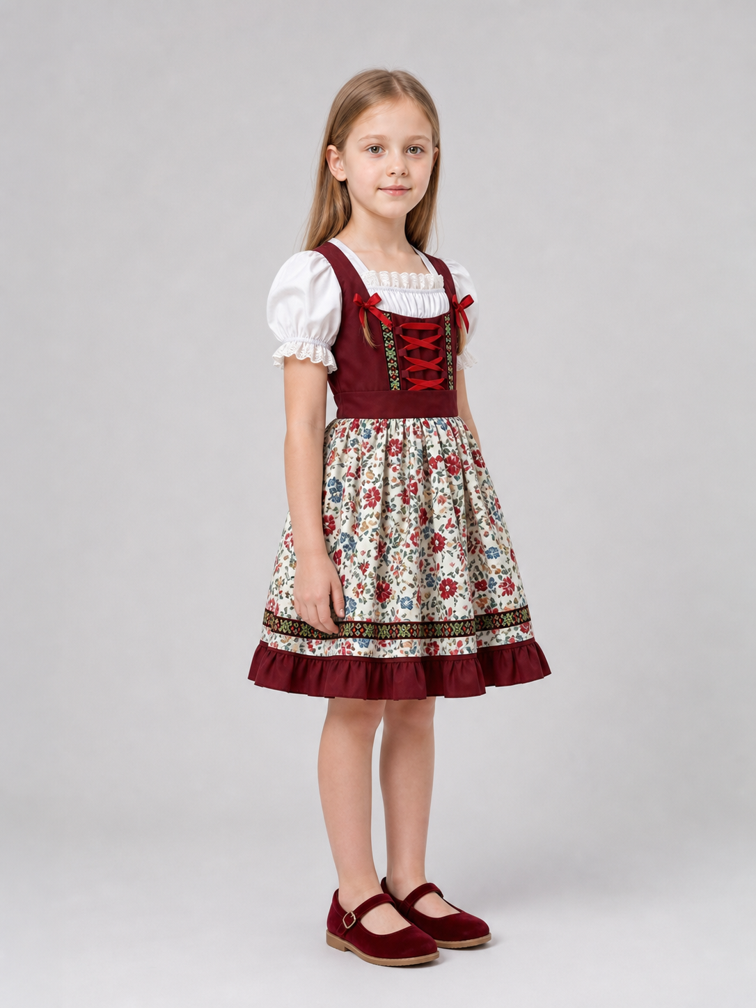 Dirndl with Floral Print and Lace Trim