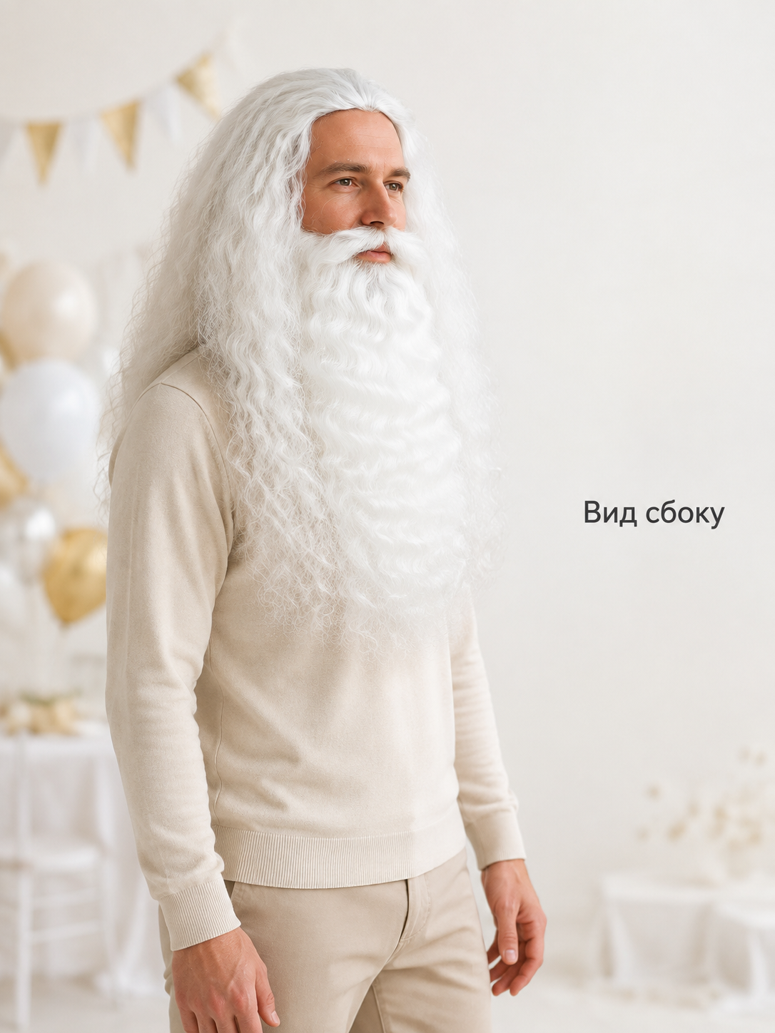Carnival Wig with White Hair, Beard, and Mustache