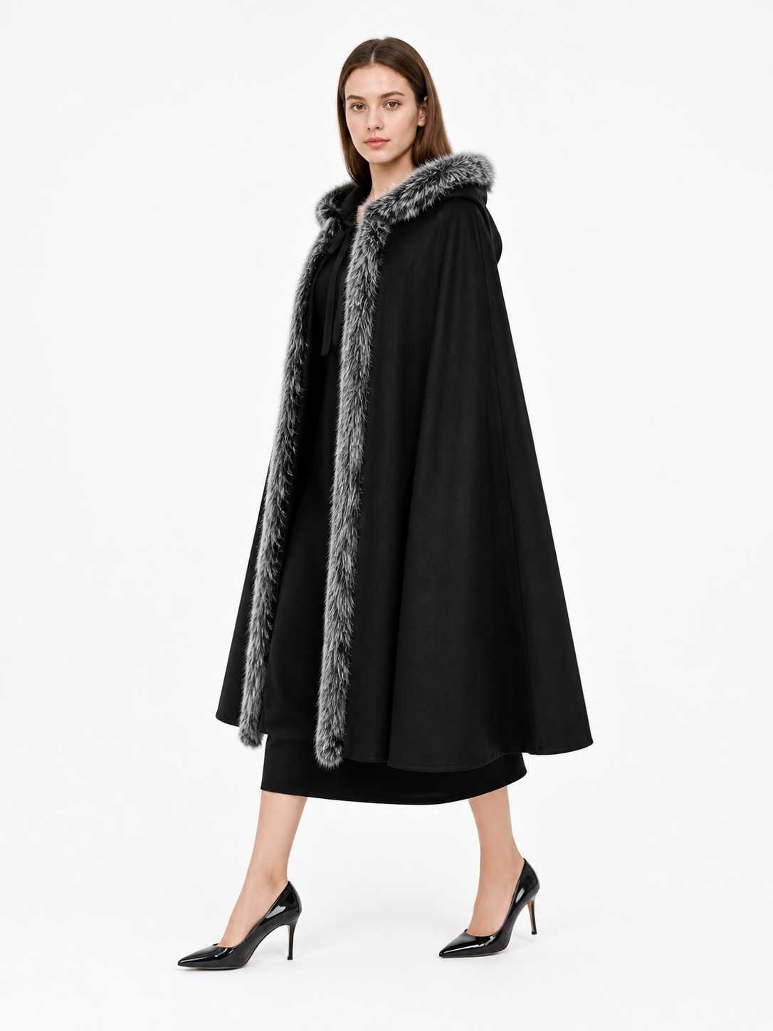 Black hooded costume cloak with fur trim