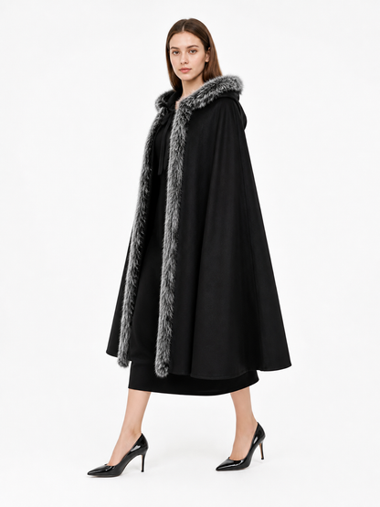 Black hooded costume cloak with fur trim