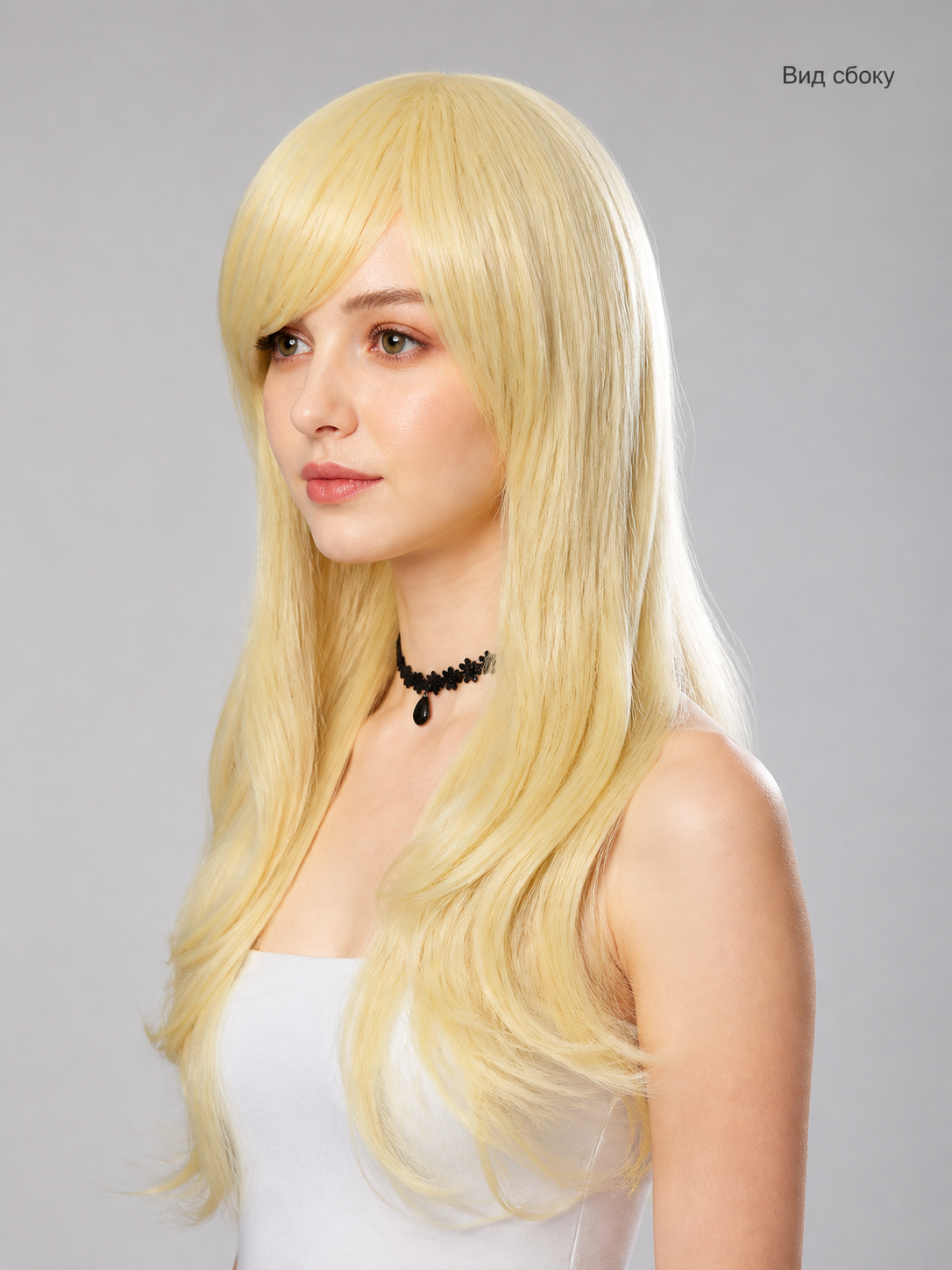 Long Blonde Wig with Bangs, Curly Costume Wig side view