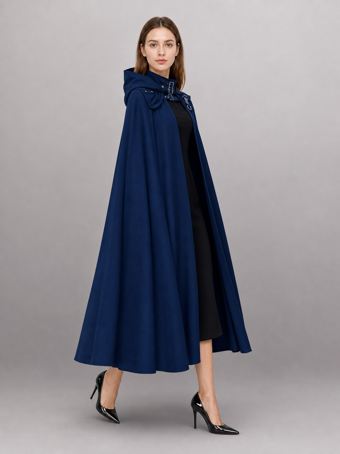 Black and blue hooded costume cape