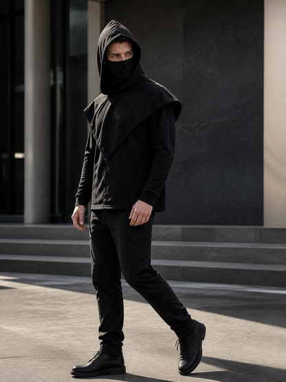 Black Carnival Cloak with Hood and Mask side view 2