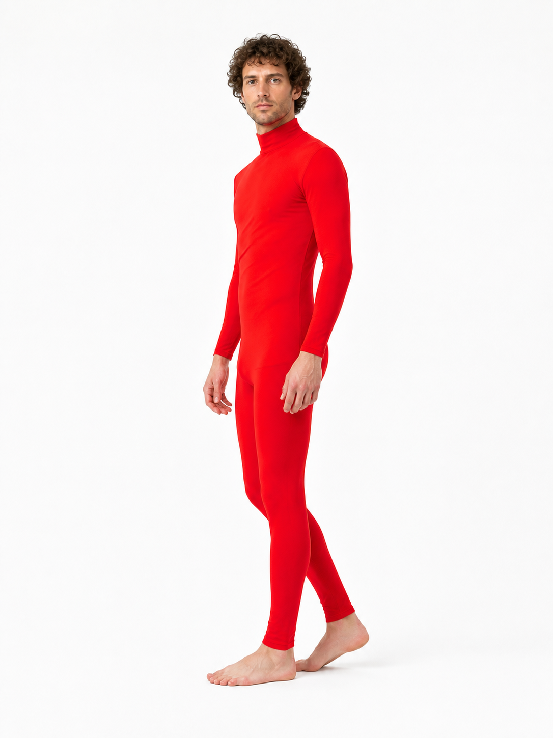 Red form-fitting jumpsuit with a high collar side view