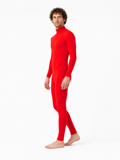 Red form-fitting jumpsuit with a high collar side view