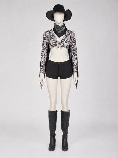 Cropped Jacket with Snakeskin Print and Fringe