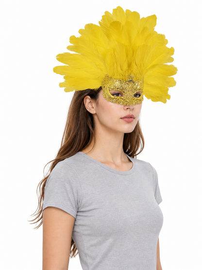 Carnival Mask with Yellow Feathers and Glitter