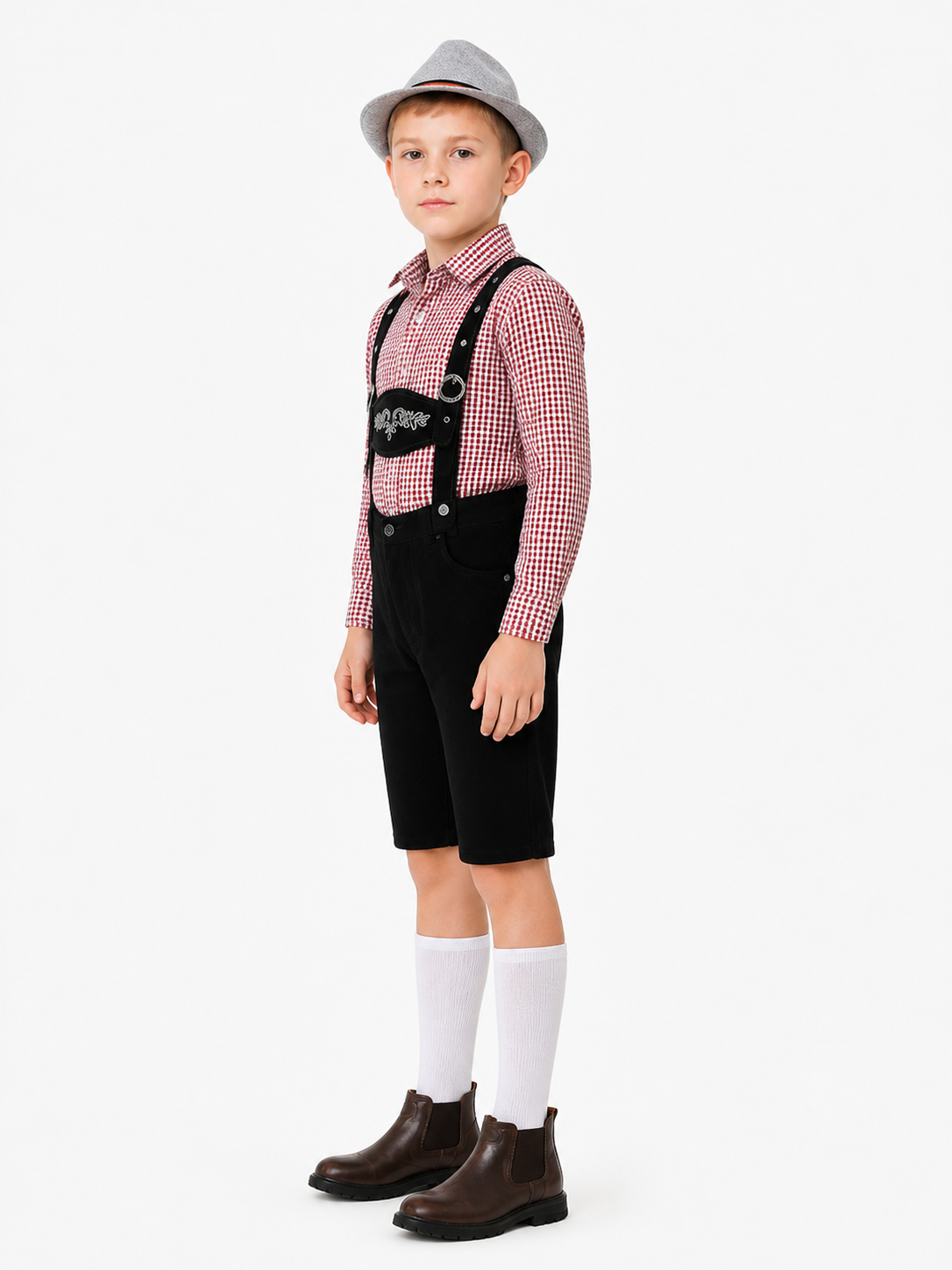 Bavarian Costume with Plaid Shirt and Shorts side view