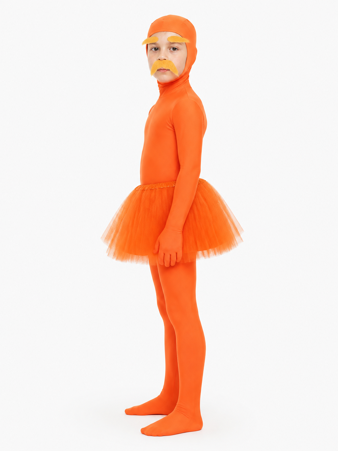 Orange Jumpsuit Costume with Skirt and Mustache for Halloween side view