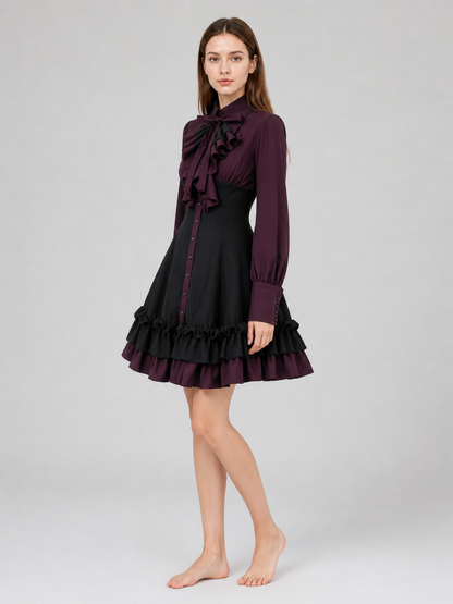 Women’s Gothic Renaissance Dress, Medieval Steampunk Style, Black And Burgundy Long Sleeve High Neck Ruffle A-Line Costume Outfit