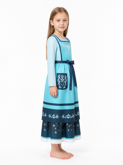 Blue cosplay dress with apron and long sleeves side view