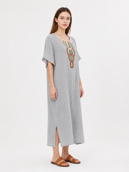 Loose-Fit Midi Dress with Beads and Round Neckline side view