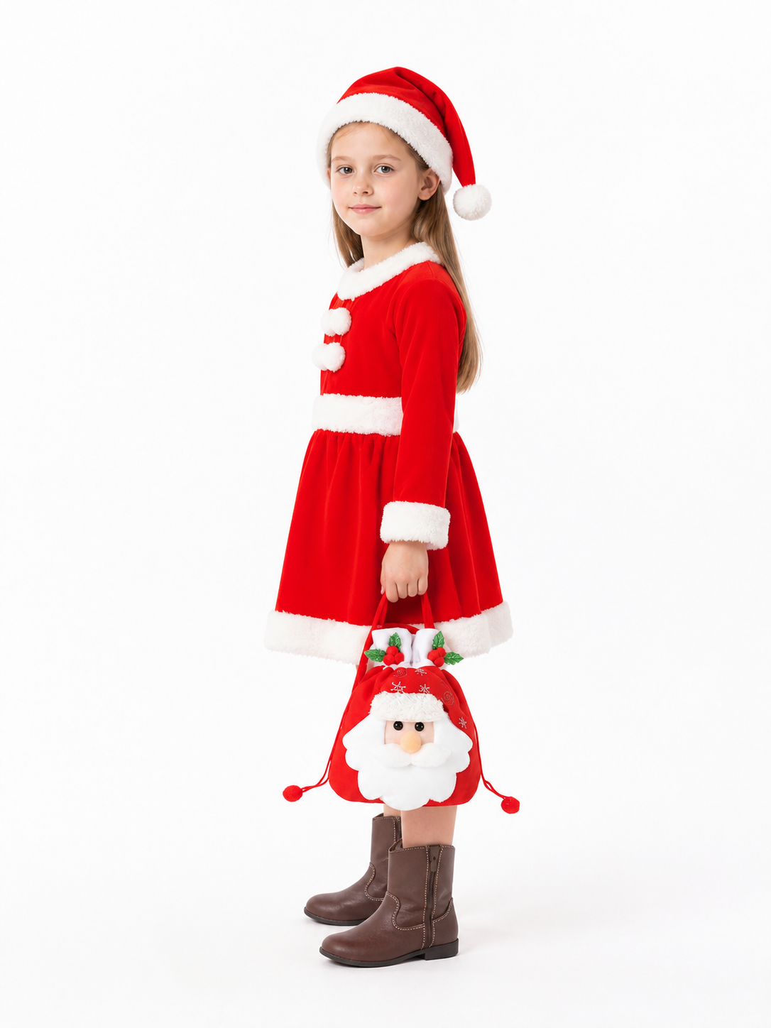 Children’s Santa Costume, Red Dress and Bag side view