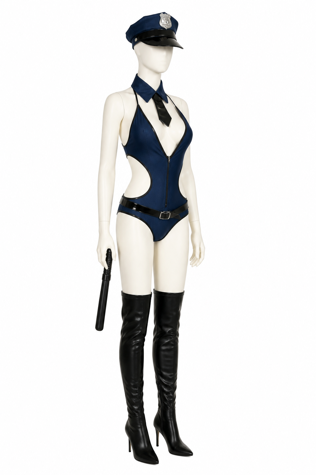 Erotic police-style jumpsuit with zipper side view