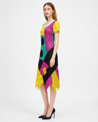 Midi Dress with Geometric Insert and Jagged Hem side view