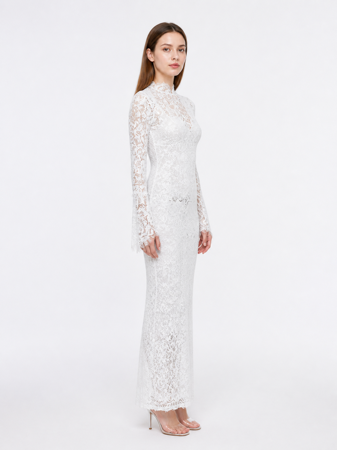 White Long Dress with Lace Pattern and Flared Sleeves side view