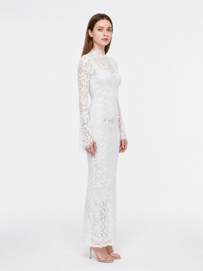 White Long Dress with Lace Pattern and Flared Sleeves side view