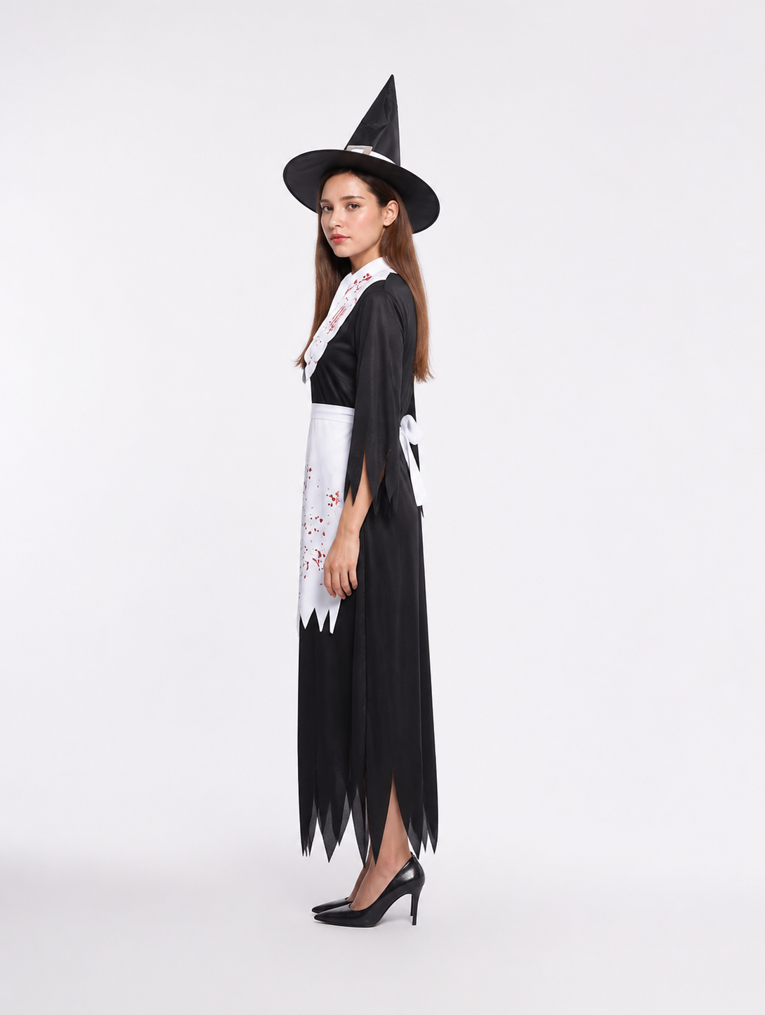 Witch Costume with Long Dress, Hat, and Halloween Broom side view
