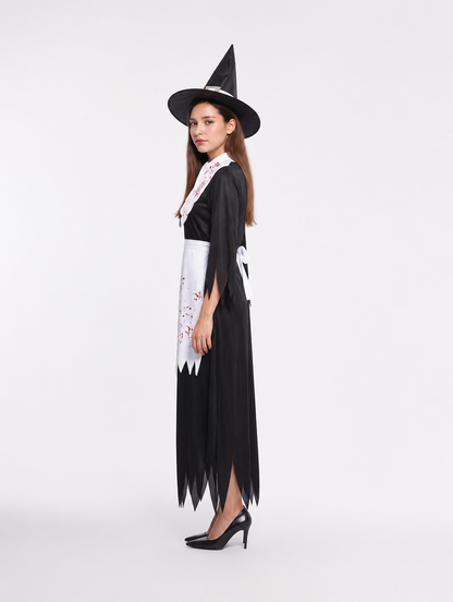 Witch Costume with Long Dress, Hat, and Halloween Broom side view