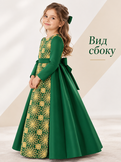 Dark Green Floor-Length Formal Dress for Girls with Bow