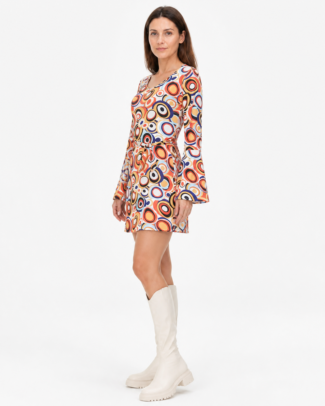 Dress with a Geometric Print and Bell Sleeves side view