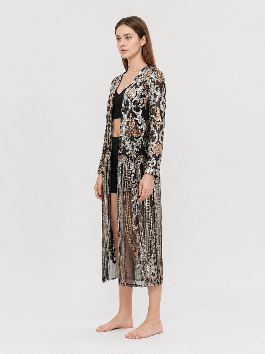 Long Cape with Baroque Sequin Embroidery