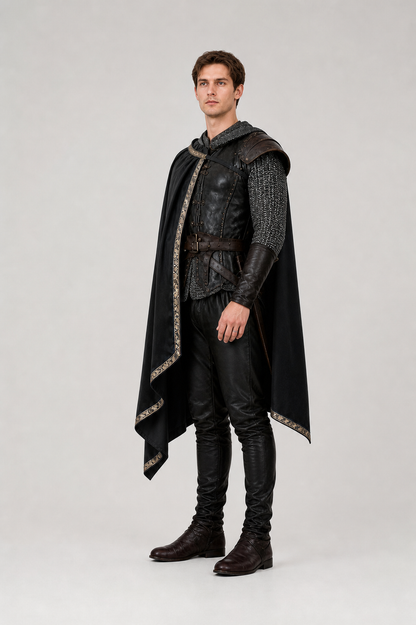 Side view of the black knight costume with long cape and chainmail-sleeved shirt