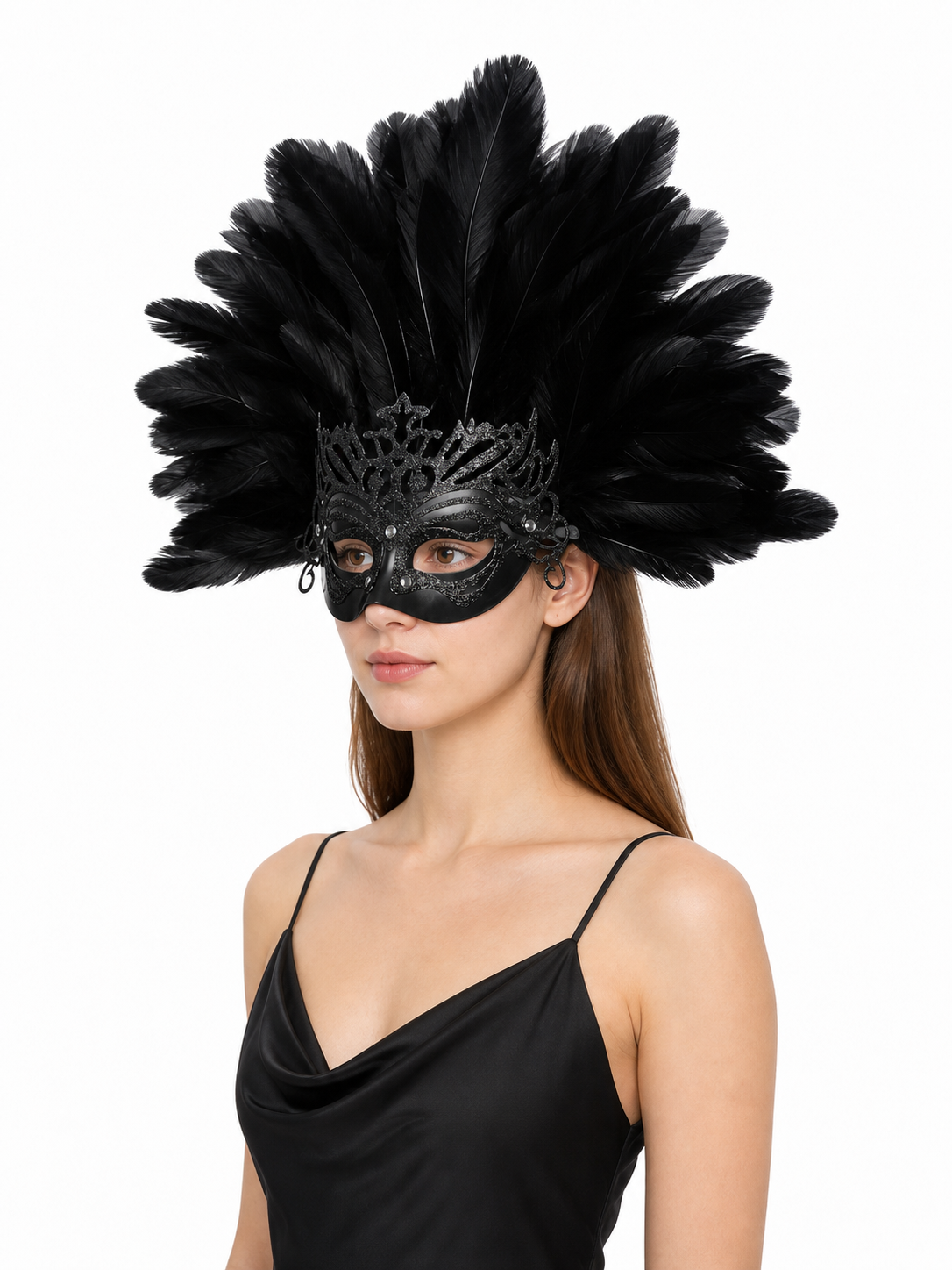 Carnival headpiece with black feathers and a mask