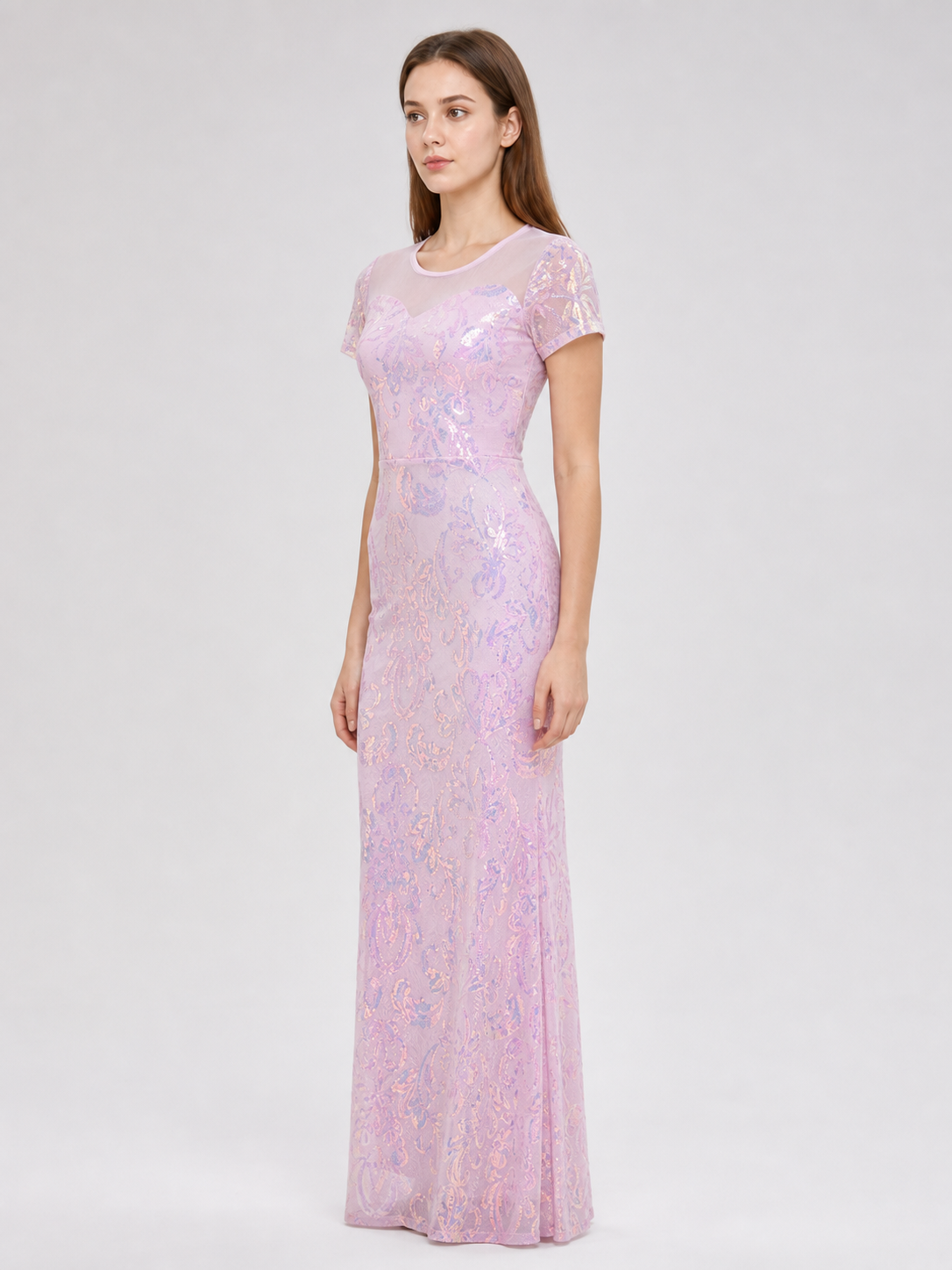 Floor-Length Evening Dress with Sequined Floral Pattern