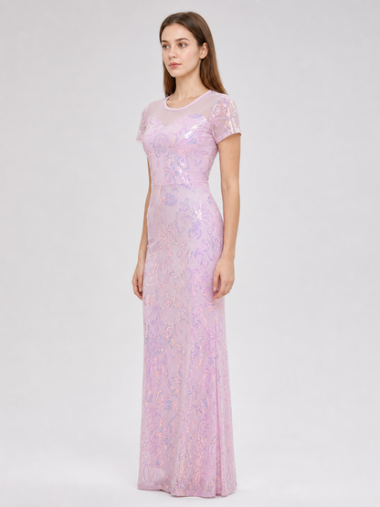 Floor-Length Evening Dress with Sequined Floral Pattern