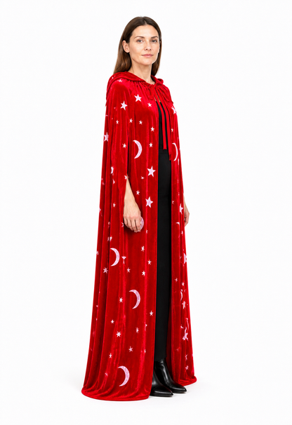 Red Hooded Cloak with Moon and Stars for Halloween side view