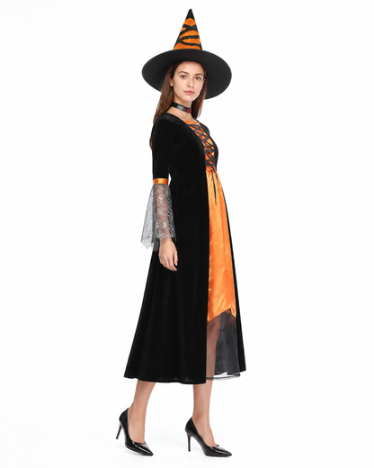 Halloween Costume with Spiderweb Design, Black and Orange side view