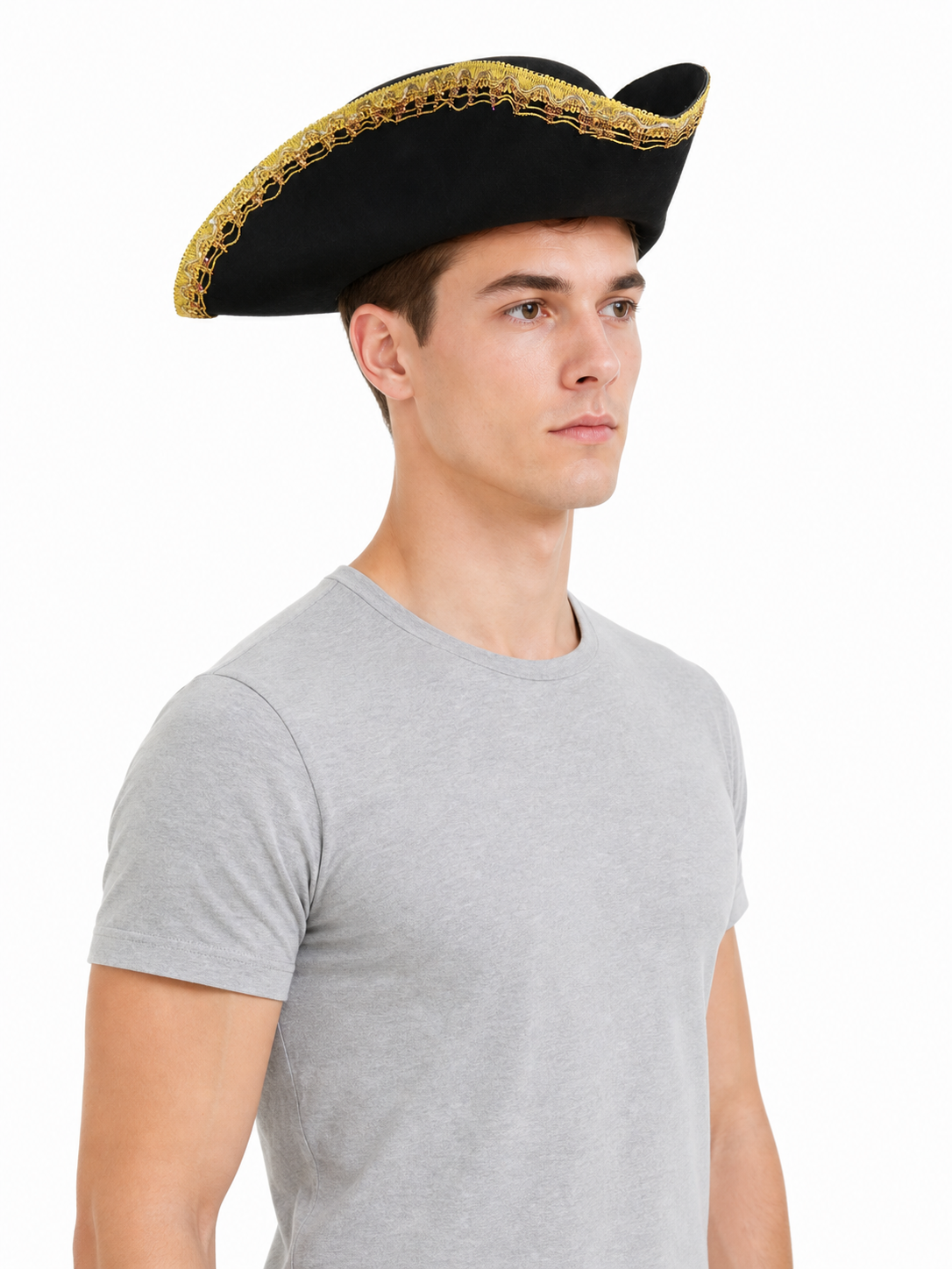 Black and Gold Trim Pirate Hat, Wide Curved Tricorn Costume Headpiece with Structured Crown for Cosplay, Costume Parties and Themed Events